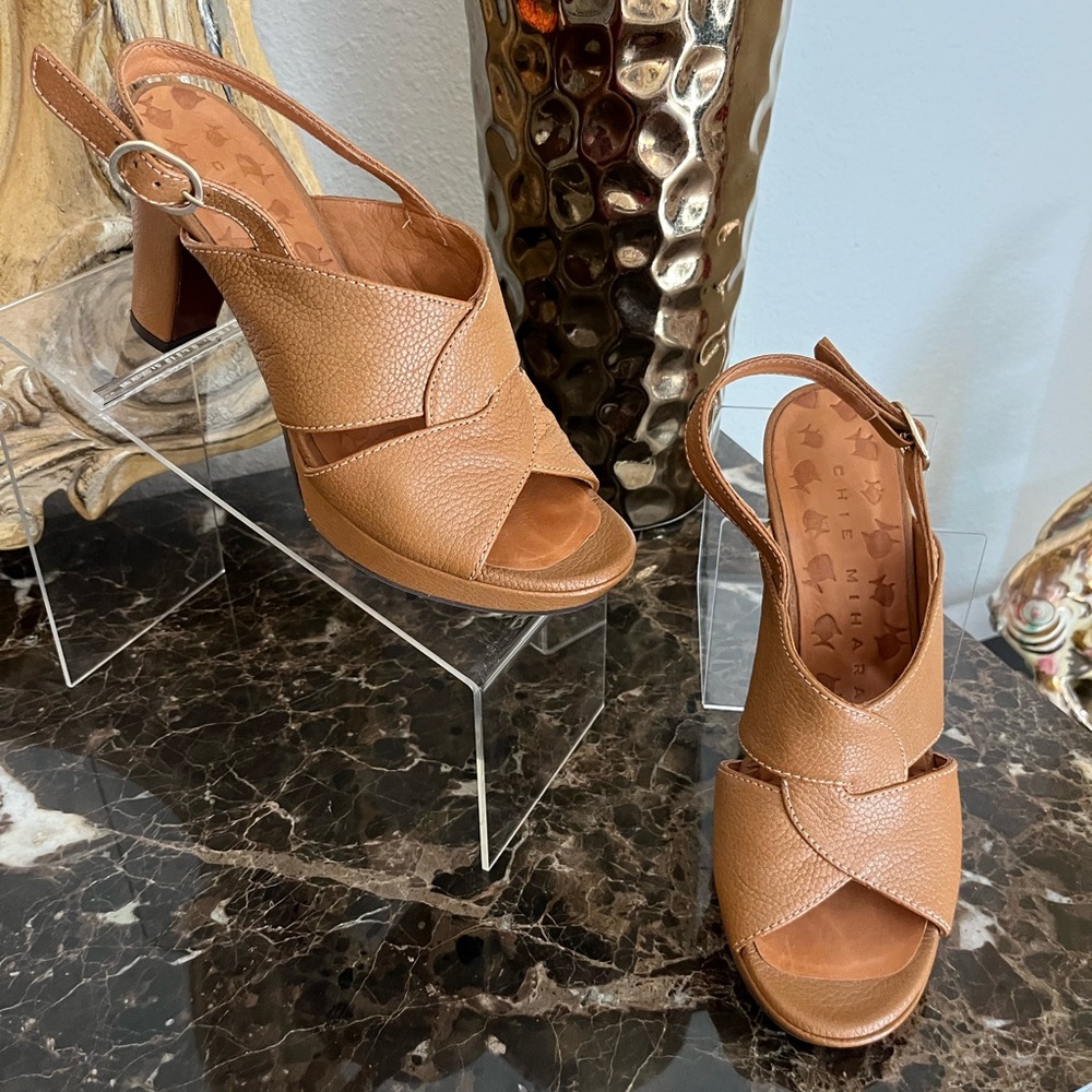 Chie Mihara Made in Spain Brown Leather Block Heeled Sandals. Sz 37.5/US7.5